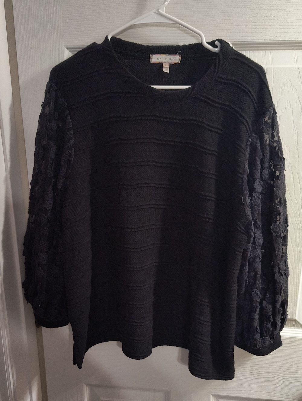 Eri And Ali Black Crewneck Sweater with Lace-Textured Balloon Sleeves